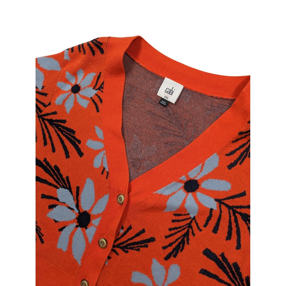 Cabi Cardigan Sweater Womens XXL Orange Floral Button Front V Neck Knit Daisy